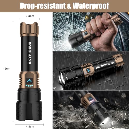 SKYFIRE Linternas LED Alta Potencia Recargable, Linterna Potente 900000 Lumen con Lente de Encendido & 3 Filtros, 10000mAh Zoomable USB-C 4 Modos IPX6 Impermeable, para Camping Montaña Regalo