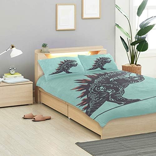 MONTOJ Cute Angry Godzilla Drawing Bed Sheets Set Standard Bedspread Twin Size Cover Kids Duvet Cover Set 3-Piece Bedspread