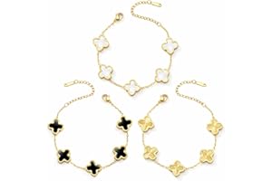 Four-Leaf Clover Bracelet Set for Women – 3pcs 18K Gold Plated Lucky Clover Bracelets, Adjustable Stainless Steel Jewelry Gif