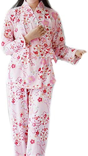 Women's Kimono Comfort Sleepwear Long Sleeve Pajama Set with Pj Pants (XL, Pink)
