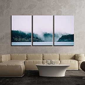 3 Piece Canvas Wall Art - Forest Among The Fog Near The Seashore - Modern Home Art Stretched and Framed Ready to Hang - 16"x24"x3 Panels