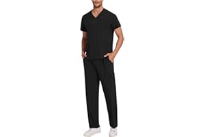 oelaio Men Scrubs Set 4-Way Stretch V-Neck Scrub Top & Straight Pants Pockets Durable Anti-Wrinkle Nursing Uniform Workwear