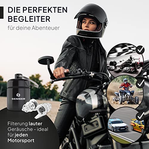 Senner MotoPro Ear Protection Ear Plugs for Motorbike and Motorsport, Very Easy to Carry and Quiet, Reduces Wind Noise, Traffic Stays Audible, with Aluminium Case, Reusable