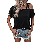 Chvity Womens Criss-Cross One Shoulder Tops Casual Short Sleeve Cold Shoulder Solid Loose Fit Summer Tops Tees