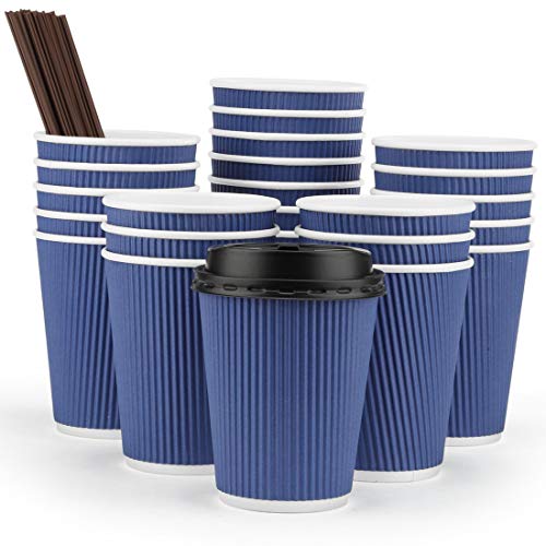 Eupako 12 oz Disposable Paper Coffee Cups with Lids and Straws 80 Set, Insulated Corrugated Sleeve Hot Drink Cups To Go, Perfect for Hot and Cold Drinks, Blue