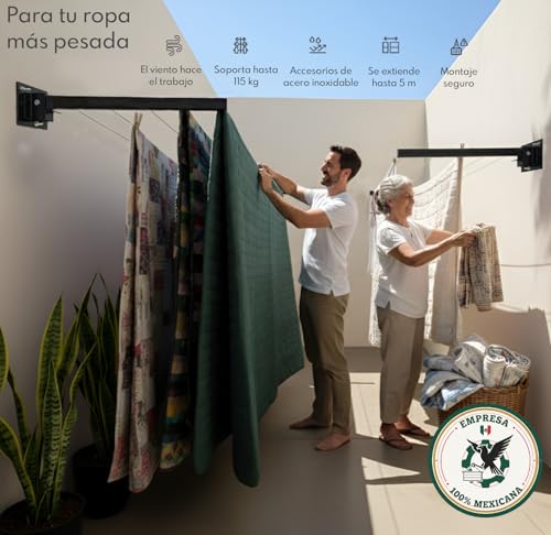 Tendedero de Ropa en Pared con Accesorios de Acero Inoxidable y 5 líneas de Cable de Acero Recubierto de Plástico, Rack para Ropa Grande y Extendible hasta 5 m. Colgador de Ropa Interior y Exterior