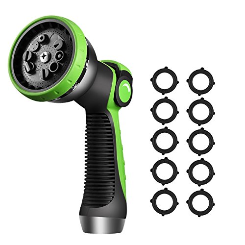 VicTsing Garden Hose Nozzle, Metal Hand Sprayer, No-Squeeze Sprayer with 10 Watering Patterns, Thumb Control, 10 Extra Rubber Washers Are Included, Great for Car, Garden