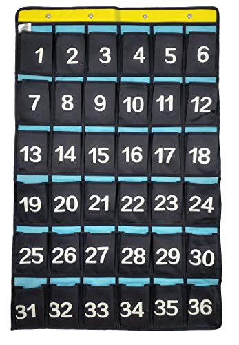 ANIZERANIZER Numbered Pocket Chart Over Door Hanging Classroom Organizer for Cell Phones Calculators Holders Blue (36 POCKETS)