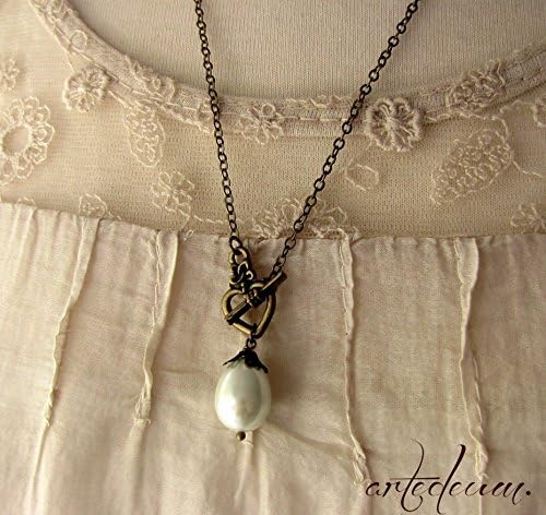 Pearl Necklace with White shell teardrop and Heart Clasp antique bronze