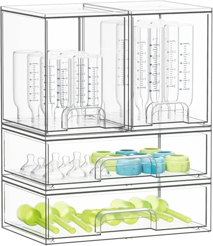 Bottle Storage Organizer Baby, Acrylic Bottles Station Organizer Container, Stackable Clear Drawers for Countertop, Vanity, Bathroom, Cabinet, Pantry Organization (4 Pack)
