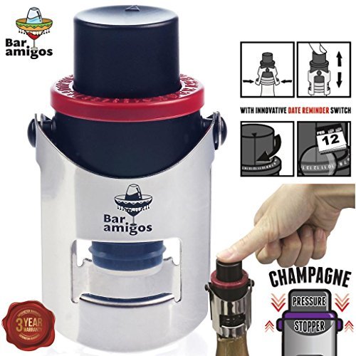 Click Here to See More Images Bar Amigos Champagne Pressure Stopper Red - Saver Pump Sealer Preserver With Patented Technology And Innovative Date Reminder Switch To Keep Your Bottle Of Sparkling Wine Fresh For 7 Days