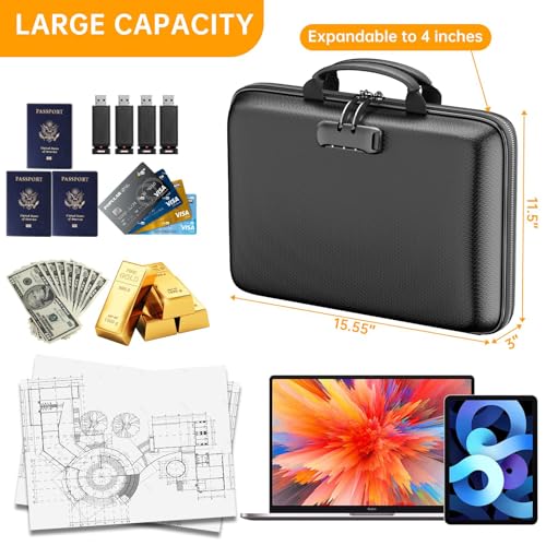 PFUTURE Fireproof File Organizer with Lock, Hard Shell Document Box with 13 Pocket Accordion Folder, Portable Fireproof Storage Case for Important Documents, Laptop, Home Office, Travel – Black