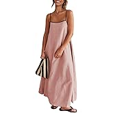 OWNGIGI Women's 2025 Summer Linen Maxi Dress Contrast Spaghetti Strap Beach Dress Backless Sleeveless Party Casual Dresses