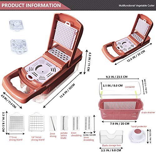 Vegetable Chopper, Onion Veggie Slicer Chopper, Spiralizer Vegetable Cutter Chopper Blades with Durable Fruit Slicer Cutter Container for Cooking Tools (Red)