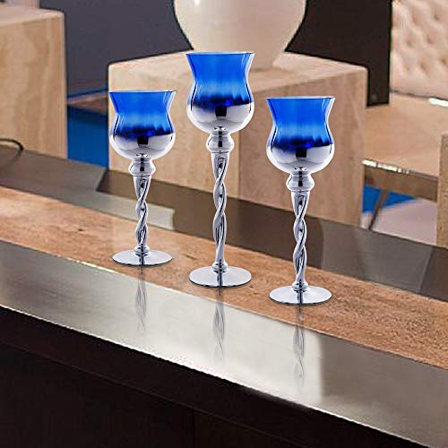 Tulip Hurricane Candle Holders Set of 3, Blue & Silver Glass Twisted Long Stem for Tealight, Votive and Pillar Candles - Home Decor, Wedding Accent, Event or Party Centerpiece - Thumbnail 5