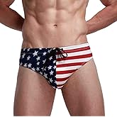Linemoon Mens American Flag Swim Briefs Fashion Low Rise Beach Swimsuits with Drawstring