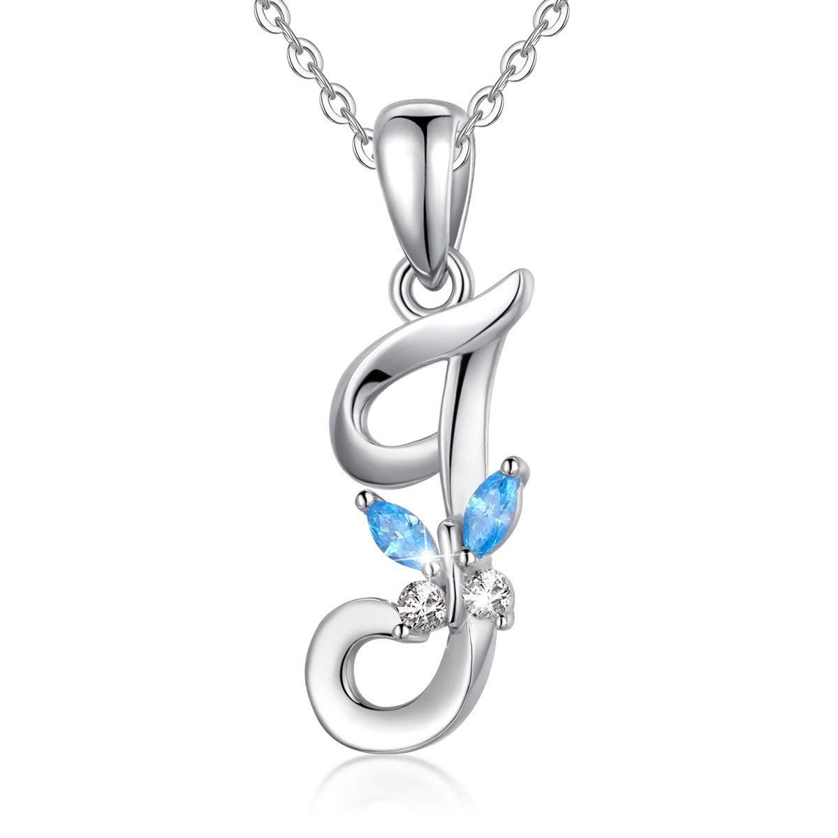 EUDORA Initial Butterfly Necklace 925 Sterling Silver J Alphabet Letter Personalised Pendant Necklaces with Blue Cubic-Zirconia Gifts for Women Ladies Mother's day, 18 inches Chain — image 1