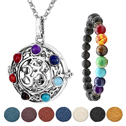 Top Plaza Aromatherapy Essential Oil Diffuser Necklace Silver 7 Chakra OM Symbol Locket Pendant With 5 Dyed La