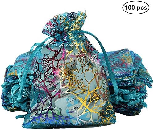 Efanty Organza Gift Bag, 100 Pieces Coralline Blue Drawstring Pouches, Wedding Celebration Party Favor Candy Pouch, Durable and Easy Storage Bag for DIY Dried Flower Tea Vanilla, Small 7cm x 9cm