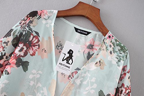 Sumen Women Floral Kimono Cover up Loose Chiffon Blouse Open Front Cardigan (XXL, Green) - Thumbnail 7