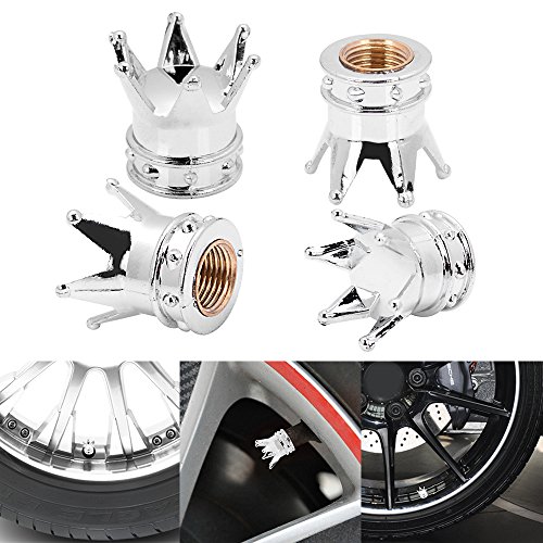 Universal Royal Crown 8mm Car/Motorcycle Wheel Rim Tire Air Stem Valve Caps Kit (Pack of 4, Chrome)