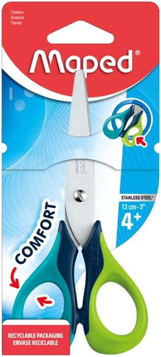Tijeras Escolares para Niños Maped, Sensoft 13 cm Diseño Ergonómico para Agarre Fácil, Aros Suaves y Seguros Cuchillas de Acero Inoxidable Modelos Surtidos Ideal para Manualidades y Uso Escolar