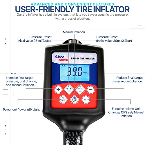 AlphaWorks Tire Pressure Gauge, Preset Inflator with Air Chuck and