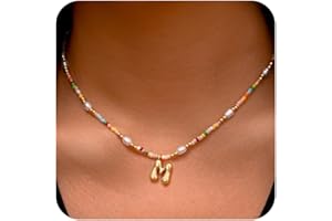Ritach Christmas Gifts for Grandkids Teens Girls - Light Colorful Beaded Pearl Initial Necklace Gold/Silver Bubble Pendant Letter Necklaces for Women Teens Girls Kids Birthday Gifts Stocking Stuffers