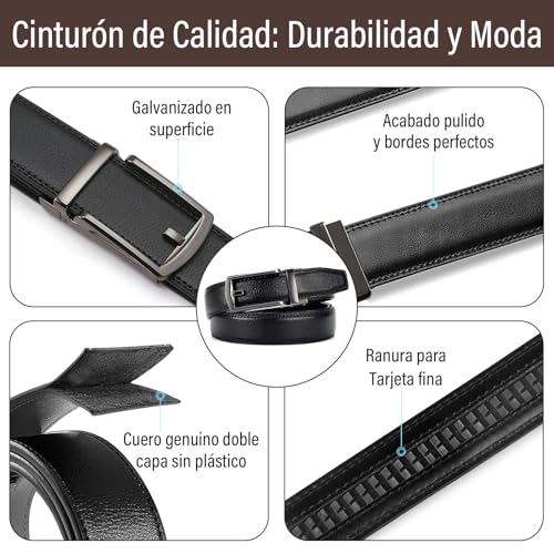 LEMONSEA Cinturones Hombre, 2 Piezas Cinturón Hombre Cuero, Cinto Hombre con Hebilla Automática Ajustable, Cinturones Hombre Piel para Traje, Estilo Casual y Vaqueros, con 2 Llavero (Negro & Marrón)