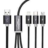 Multi USB Cable, YiwerDer 3 in 1 Charging Cable Charge & Data Sync on 8 Pin Lightning Port and Charge Only on Type C/ Micro USB Ports -3.3FT Braided Black