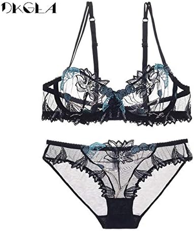 sakkdaull Fashion Flowers Embroidery Lingerie Set Lace Blue Transparent Underwear Set Women Hollow out See Through Pink-in & Brief Sets from a Black 85C