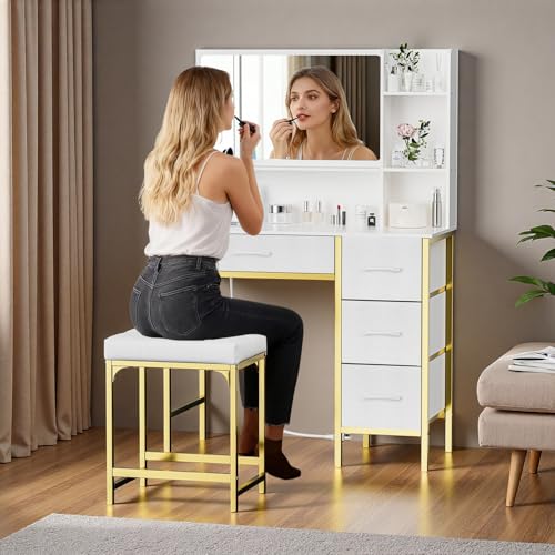Tocador,Vanity tocador grande con 4 cajones en cuero blancos,Tocadors Vanity con Espejo , Con toma de corriente,con 1 cuero taburete tapizado, Ideal para Recámara, Sala de Estar, Vestidor 90x40x133CM