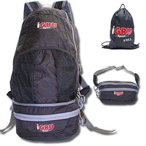Foldable Hiking Waist Pack Backpack - Water Repellent Daypack by IGRU Sport Supremacy 94 with FREE Laundry Bag for Men - Compact & Packable 20 Inch Size & Lightweight 10oz Black