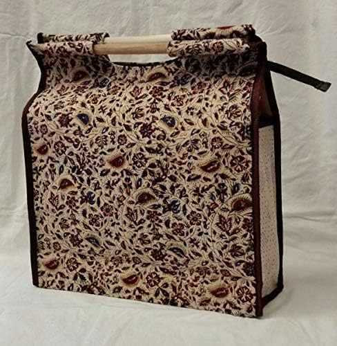 Radin Rugs.16.5" x 15.5" x 5" Persian Ghalamkar Shopping Bag, Canvas, Zippered, Wooden Handle