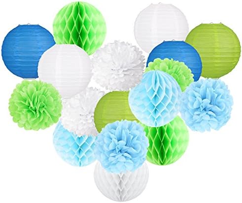 Party Decorations with 18Pcs Green White Blue Tissue Pom Poms Paper Lanterns Flowers Honeycomb Balls for Home Background Wall Decor