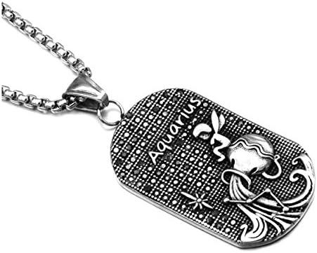 XusamssPunk Rock Titanium Steel Twelve Constellation Dog Tag Pendant Crystal Necklace,24" Box Chain