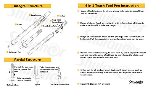 Shulaner 6 in 1 Multifunction Tech Tool Ballpoint Pen with Ruler Level Stylus and Two-Head Screwdriver Gift for Men Black 3 Pack