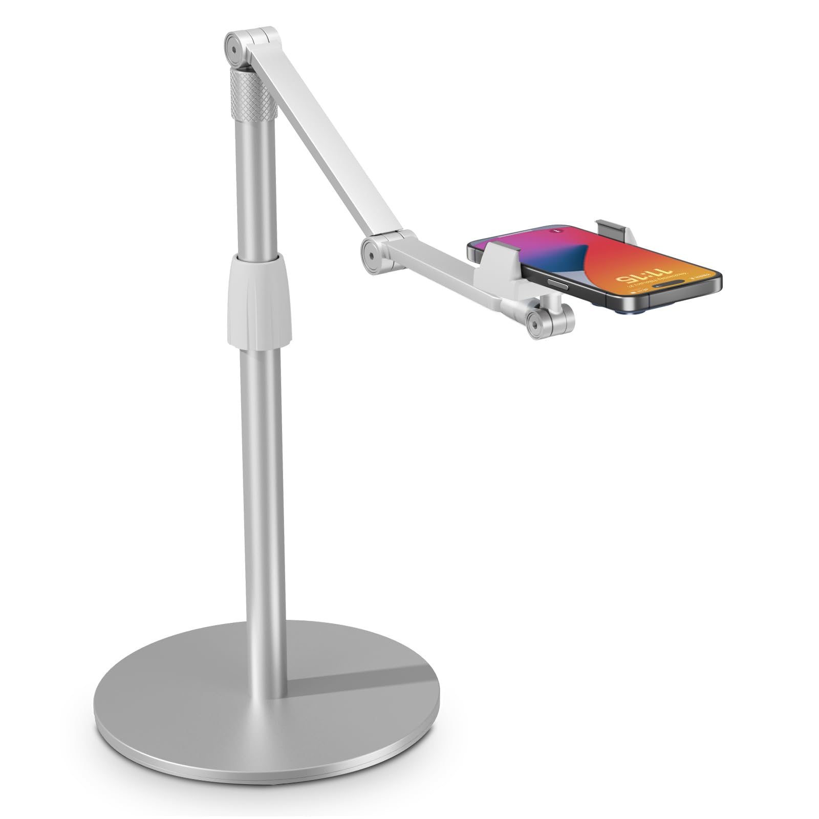 Photo 1 of SupeDesk Phone Overhead Stand, Upgarde Cell Phone/Tablet Holder, Multiangle, 3-Part Adujustable,Horizontal Record,Compatible with 3.5-11" Cellphone/Tablet/iPad/iPhone, Silver