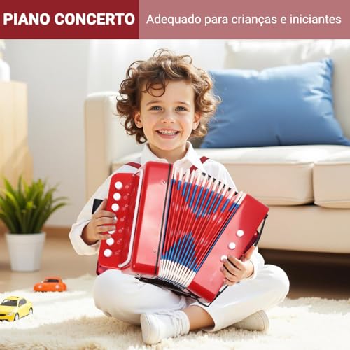 Acordeão para Iniciantes com 7 Teclas e 2 Botões, Acordeão Vermelho Compacto, Instrumento Musical Leve para Estudo e Prática