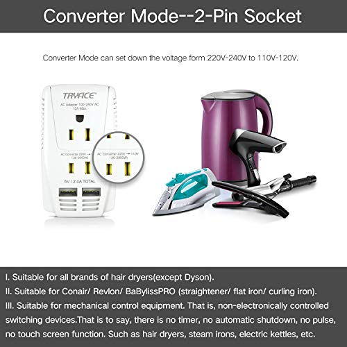 TryAce Upgraded 2000W Voltage Converter with 2 USB Ports,Set Down 220V to 110V Power Converter for Hair Dryer/Straightener/Curling Iron, Travel Transformer for UK/AU/US/EU Plug Travel Adapter - Thumbnail 3