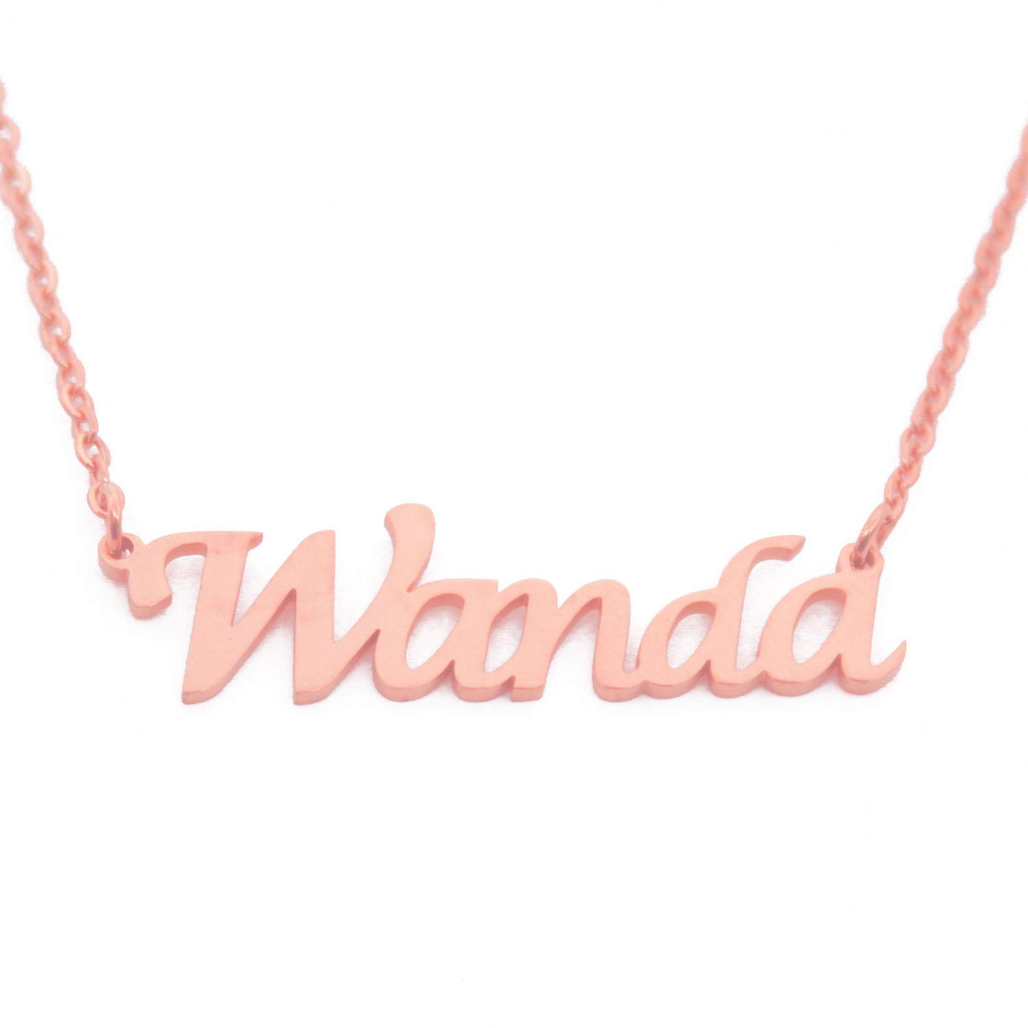 Kigu Wanda Name Necklace Personalised 18ct Rose Gold Plated, Custom Dainty Name Pendants, Jewellery for Ladies, Girlfriend, Mother, Sister, Friends Inc Bag & Box