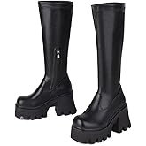 WUDPUNDR Knee High Platform Boots for Women Chunky Heel Round Toe High Heeled Knee Tall Boots Not for Wide Calf