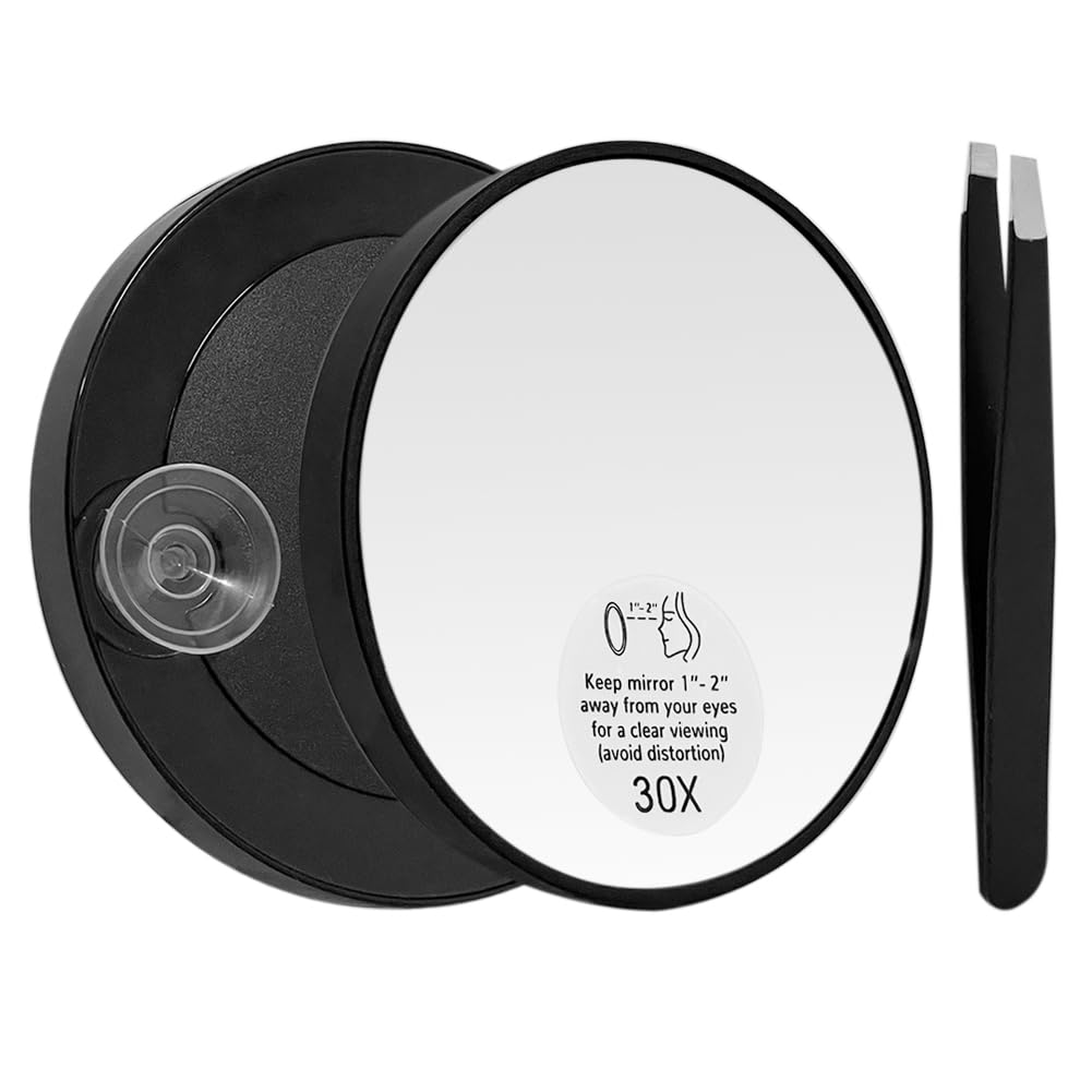 JIADEXIN 30X Magnifying Mirror Set with Suction Cup & Tweezers Glass Small Round Mirror Portable Travel Compact Mirror for Make Up, Blackhead Blemish Removal, Eyebrow Tweezing (3.5 Inch, Black)