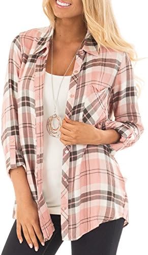 Amborido Women's Soft Plaid Button Down Long Sleeve Shirt Top 3/4 Length Roll up Sleeves