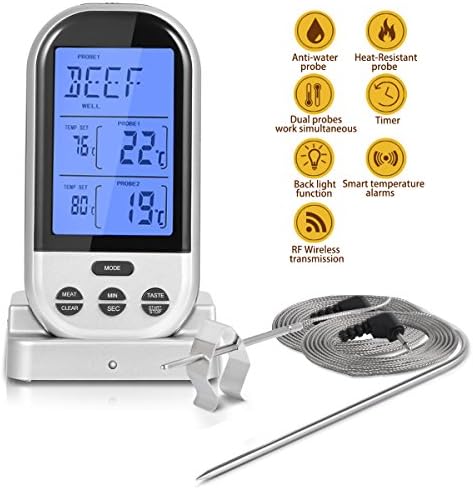 Wireless Remote Dual Probe Meat Thermometer Instant Read Timer Thermometer with LCD Sreen Stainless Steel Temperature Probe for Cooking Grilling Oven BBQ (Sliver)