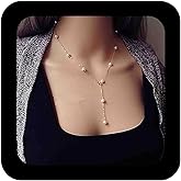Iaceble Boho Pearl Lariat Necklace Chain Vintage Gold Y Necklace Pearl Station Choker Necklace Long Y Shape Drop Necklace Jewelry for Women