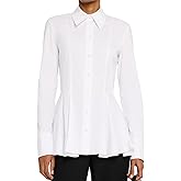 SUNNOW Women's Button Down Peplum Shirt Long Sleeve Blouson Top with V-Neck Pleated Waist & Cinched Back Detail Poplin Blouse
