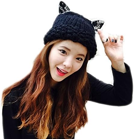JJNINE Womens Young Girls Lovely Lace Cat Beanie Handmade Knit with Unique Design Black
