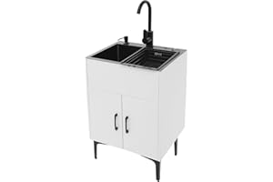 MOCHAG 20-Inch Laundry Sink with Cabinet & 360° Swivel Hot/Cold Faucet, Freestanding Kitchen Sink Cabinet with Stainless Steel Sink & Drain Basket, White Cabinet with Sink for Laundry&Utility Room