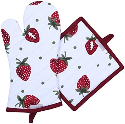 Pot Holders and Oven Mitts, Unique Berry Blast Design, Heat Resistant, Made of 100% Cotton, Eco-Friendly &amp; Safe, Set of 1 Oven Mitt and 1 Pot Holder, Pot Holders and Oven Mitts Sets By CASA DECORS